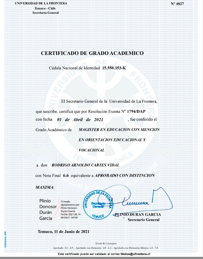 Certificado de grado — Magíster en Educación, Mención Orientación Educacional y Vocacional